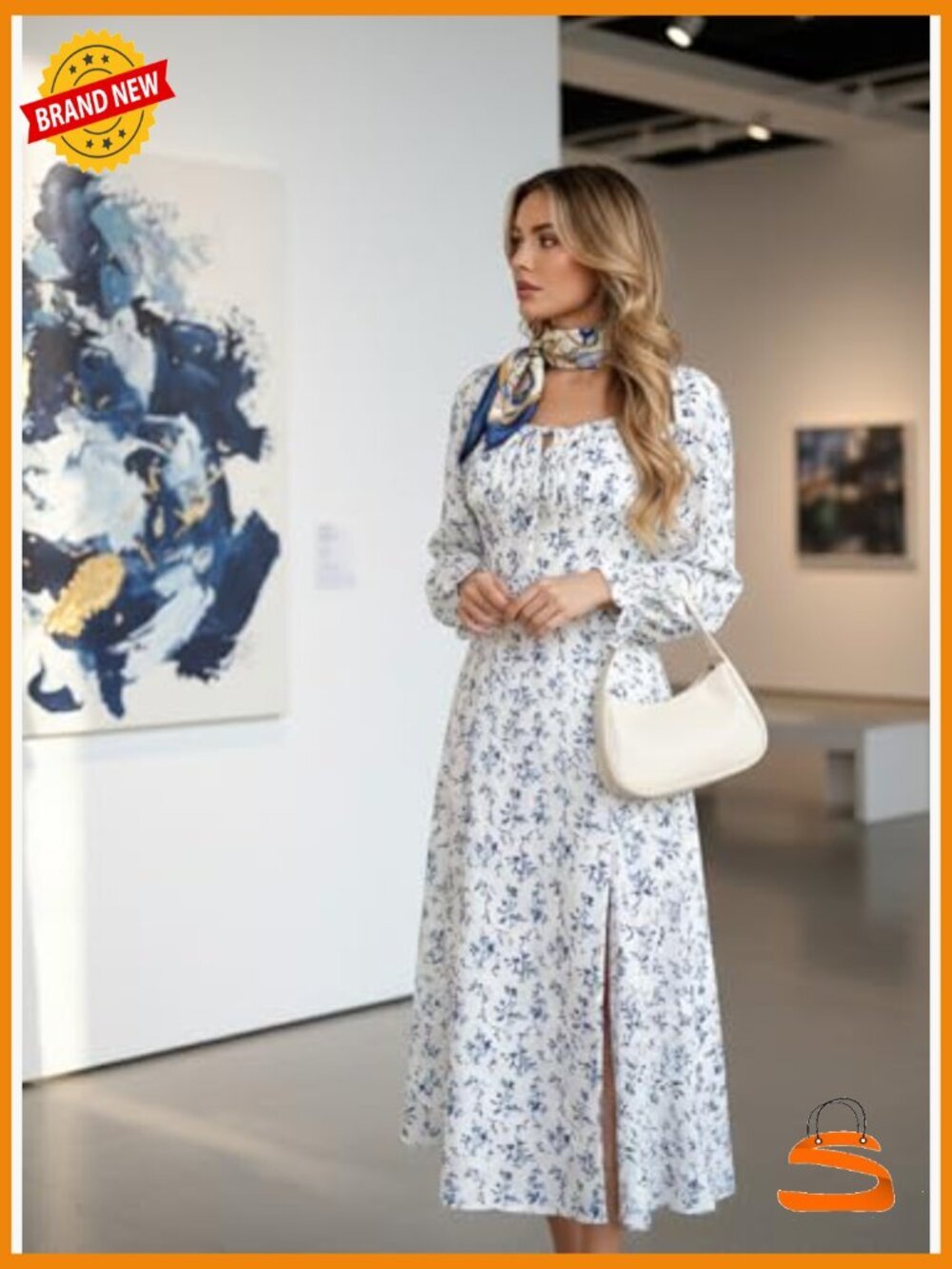 Square Neck Long Sleeve Boho Floral Midi Dress Side Split - Picture 4 of 7